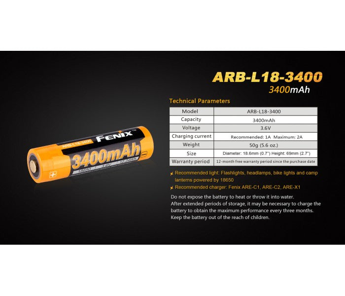 Fenix 18650 3.6V 3400mAh Li-ion Protected Rechargeable Battery (ARB-L18-3400) (100% Authentic)