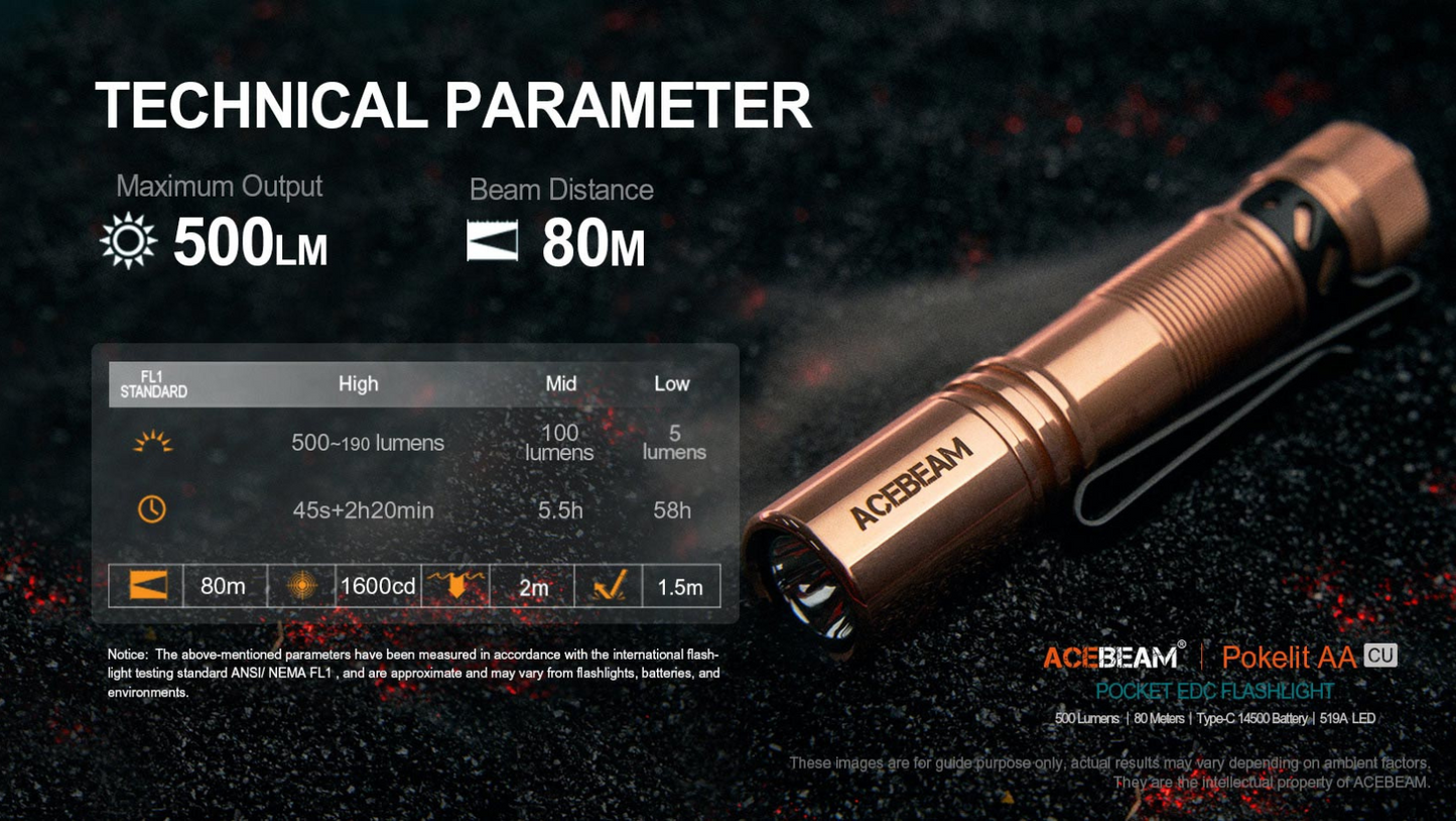 Acebeam Pokelit AA CU Copper Nichia 519A High CRI90 LED 500 Lumens Flashlight