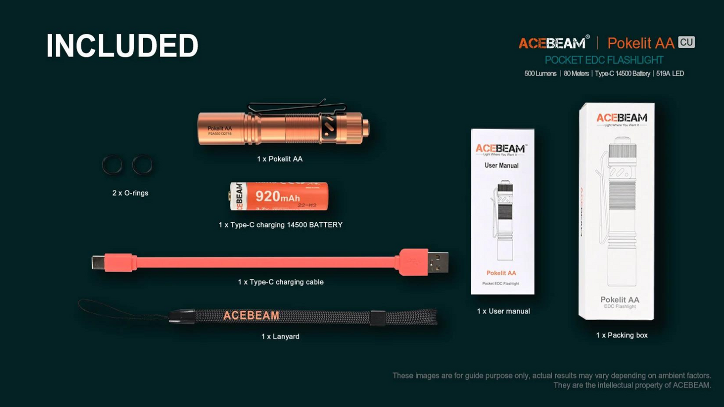 Acebeam Pokelit AA CU Copper Nichia 519A High CRI90 LED 500 Lumens Flashlight