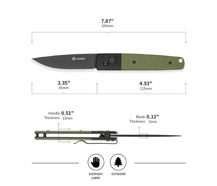 Ganzo G721B-GR Button Lock 440C G10 Folding Knife (Green)