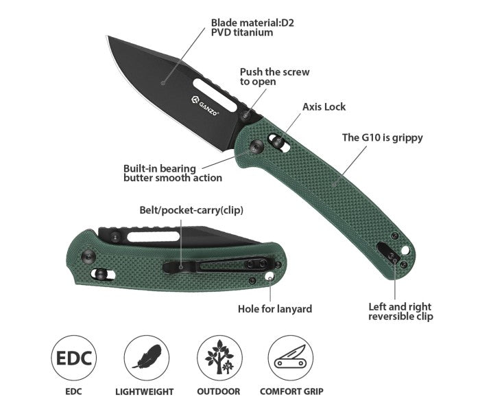 Ganzo G768PT-GB Axis Lock D2 Steel Titanium Coating G10 Folding Knife (Green)